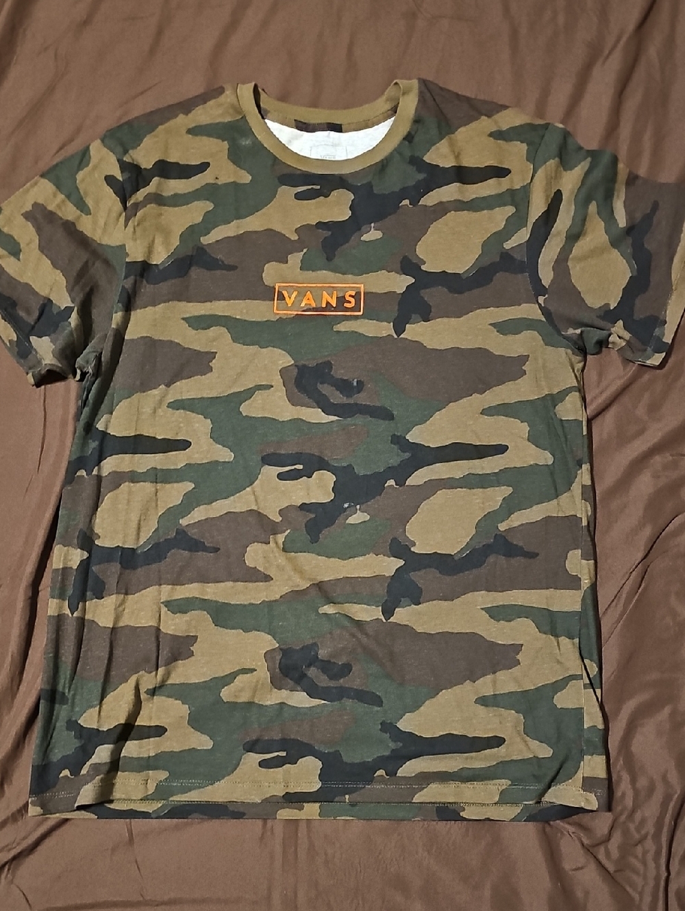 Vans Green Brown Camo Short Sleeve Tee with Orange Logo